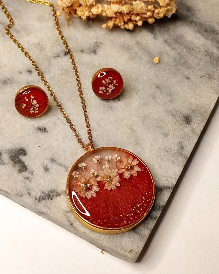 Radiant Red Floral Resin Jewelry Set | Pendant & Matching Earrings — jewellery by Giftistan