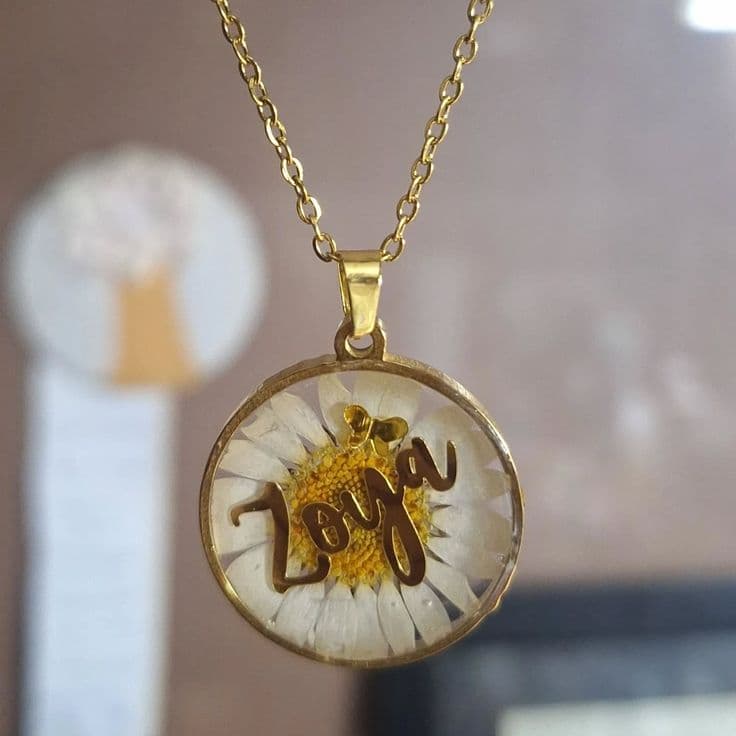 Personalized Daisy Handcrafted Resin Pendant | Custom Name Gold Necklace — jewellery by Giftistan