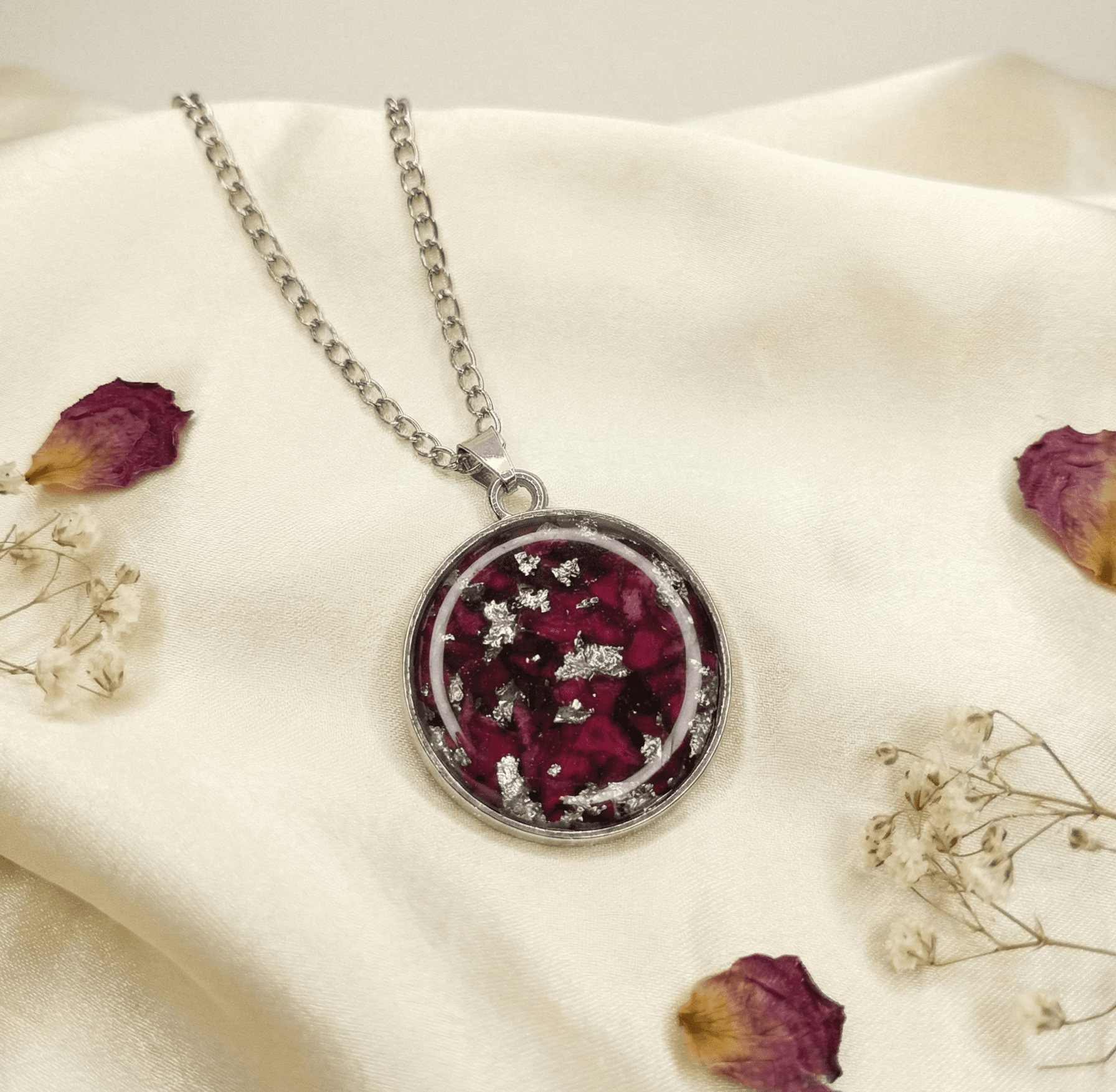 Real Preserved Rose & Silver Flake Resin Pendant Necklace - Custom Memorial Jewelry — jewellery by Giftistan