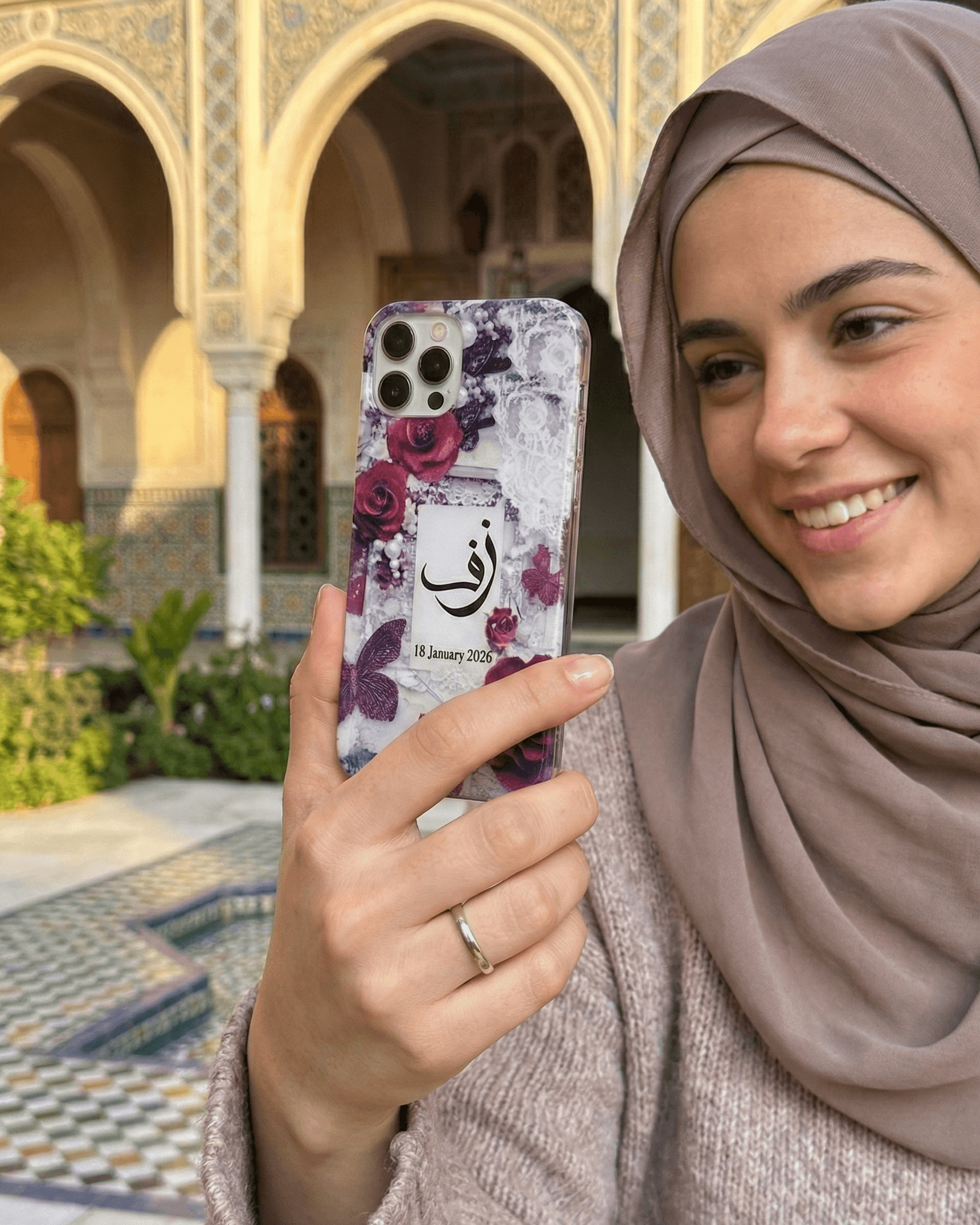 Customized Pashmina Resin Mobile Cover - Vintage Rose & Butterfly Edition (With Name & Date) — view 2