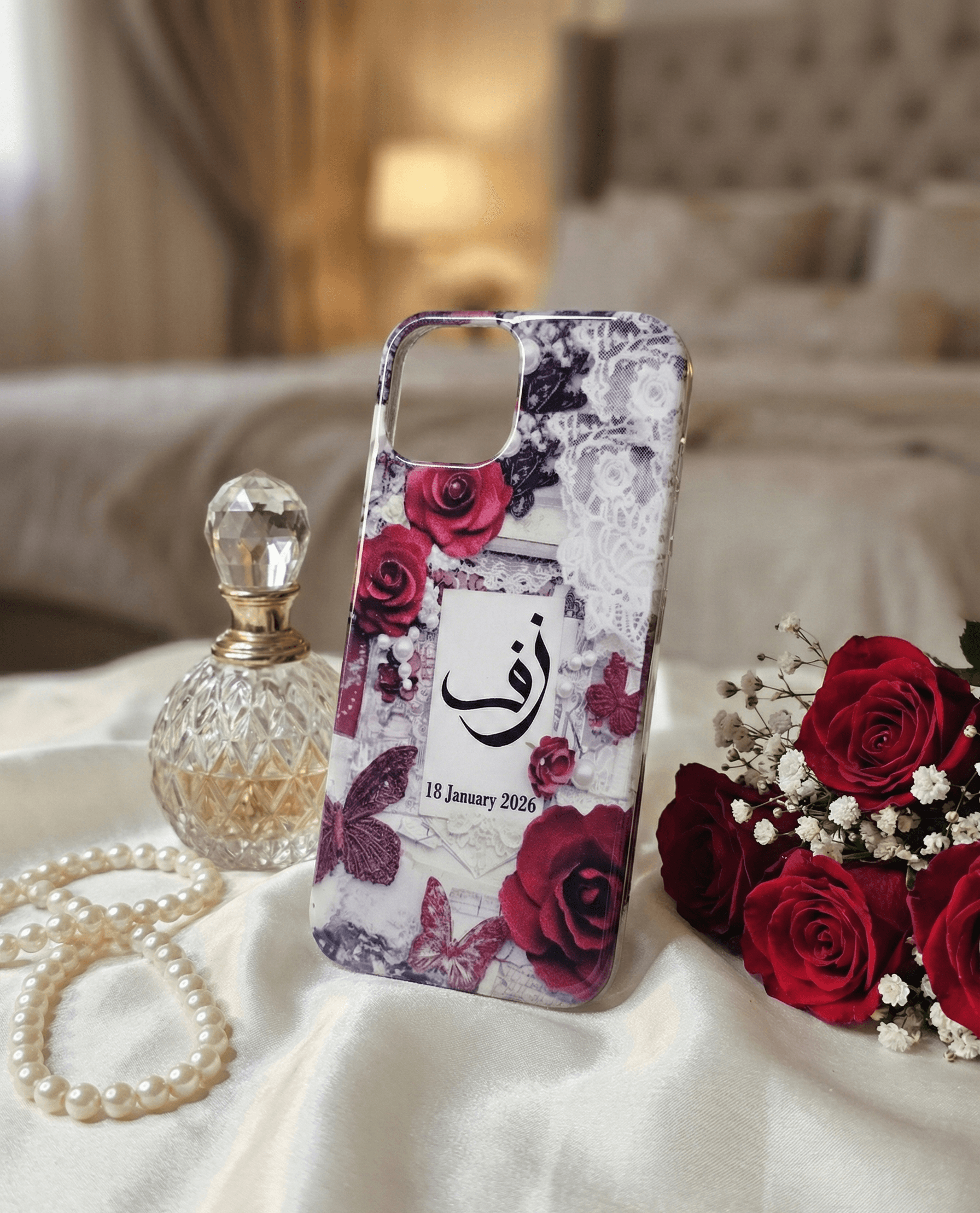 Customized Pashmina Resin Mobile Cover - Vintage Rose & Butterfly Edition (With Name & Date) — view 3