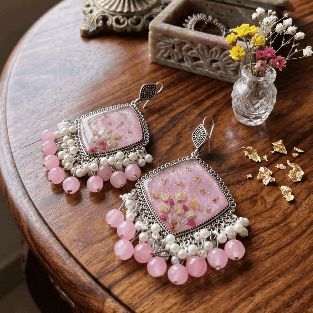 Handcrafted Pink Floral Resin Earrings | GIFTISTAN — view 3