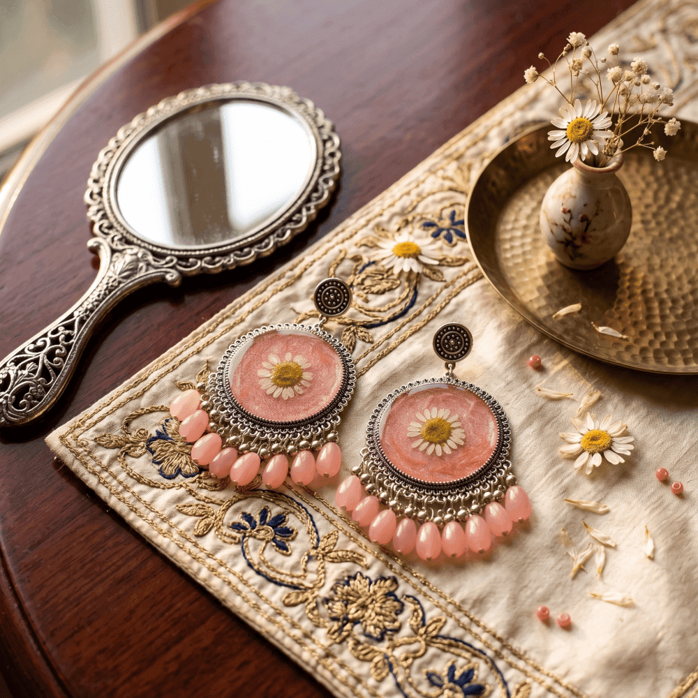 Handmade Resin Pressed Flower Earrings | Pink & Gold Jhumka Style — view 2