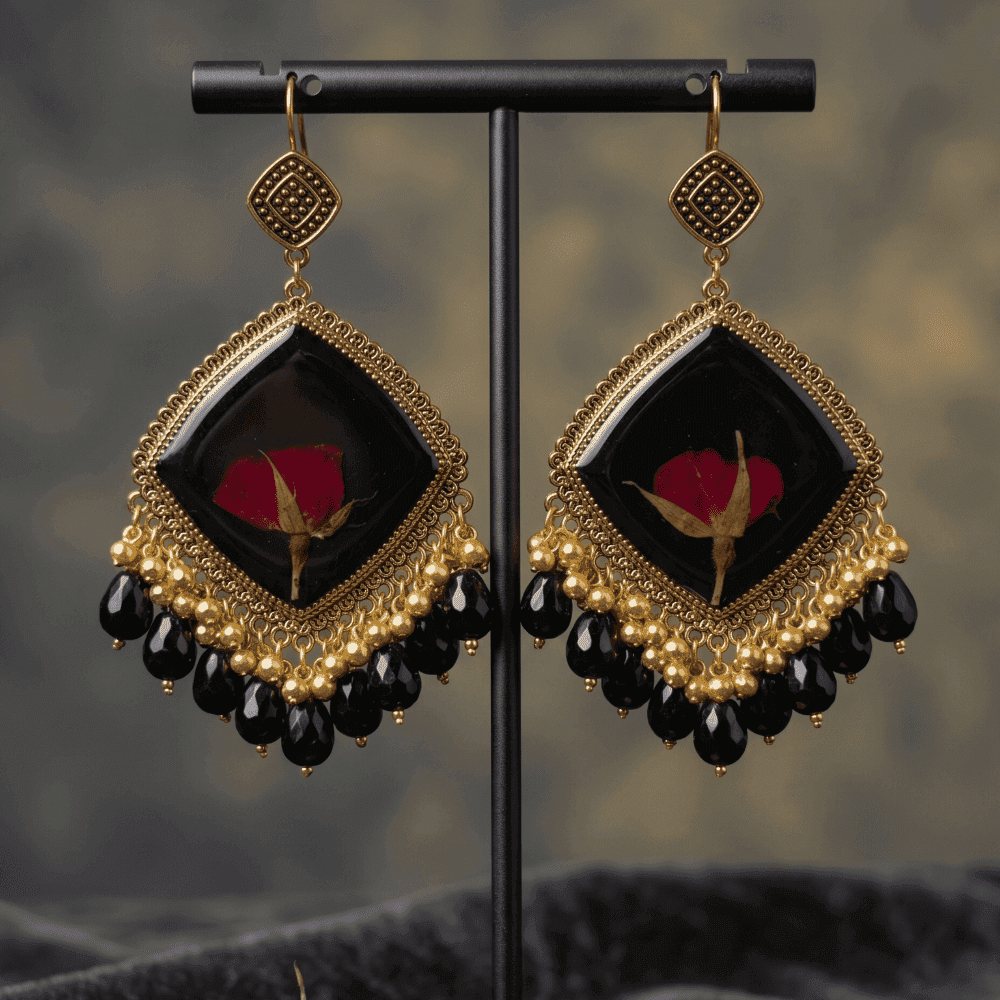 Black Resin Dried Rose Statement Earrings with Gold Beads — view 4