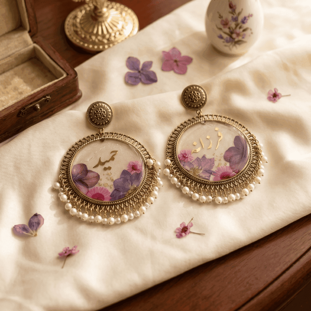 Personalised resin jhumka earrings with custom name — an Eid gift by Giftistan