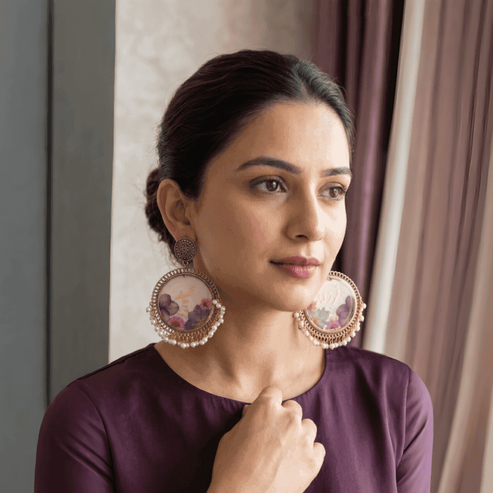 Personalized Floral Personalized Name Resin Jhumka Earrings - Pearl Fringe — view 4