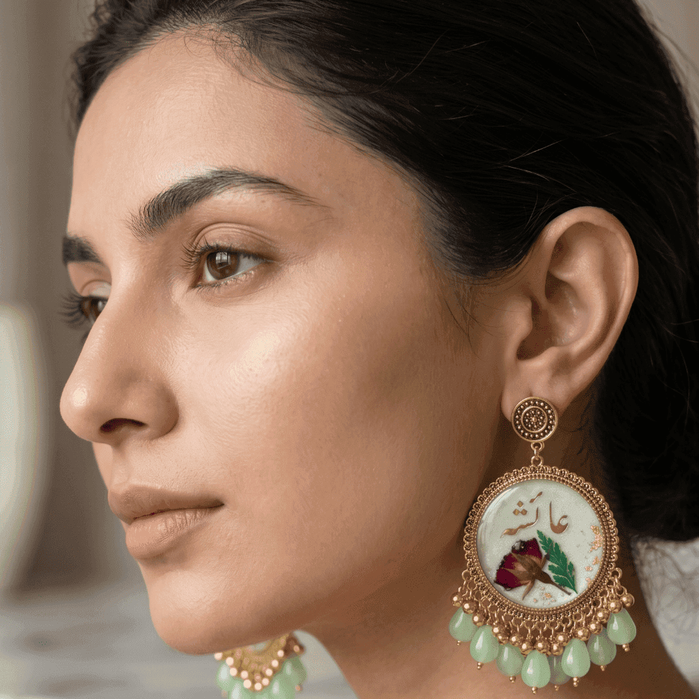 Personalized Urdu Name Resin Earrings with Dried Rose & Mint Green Beads — view 3
