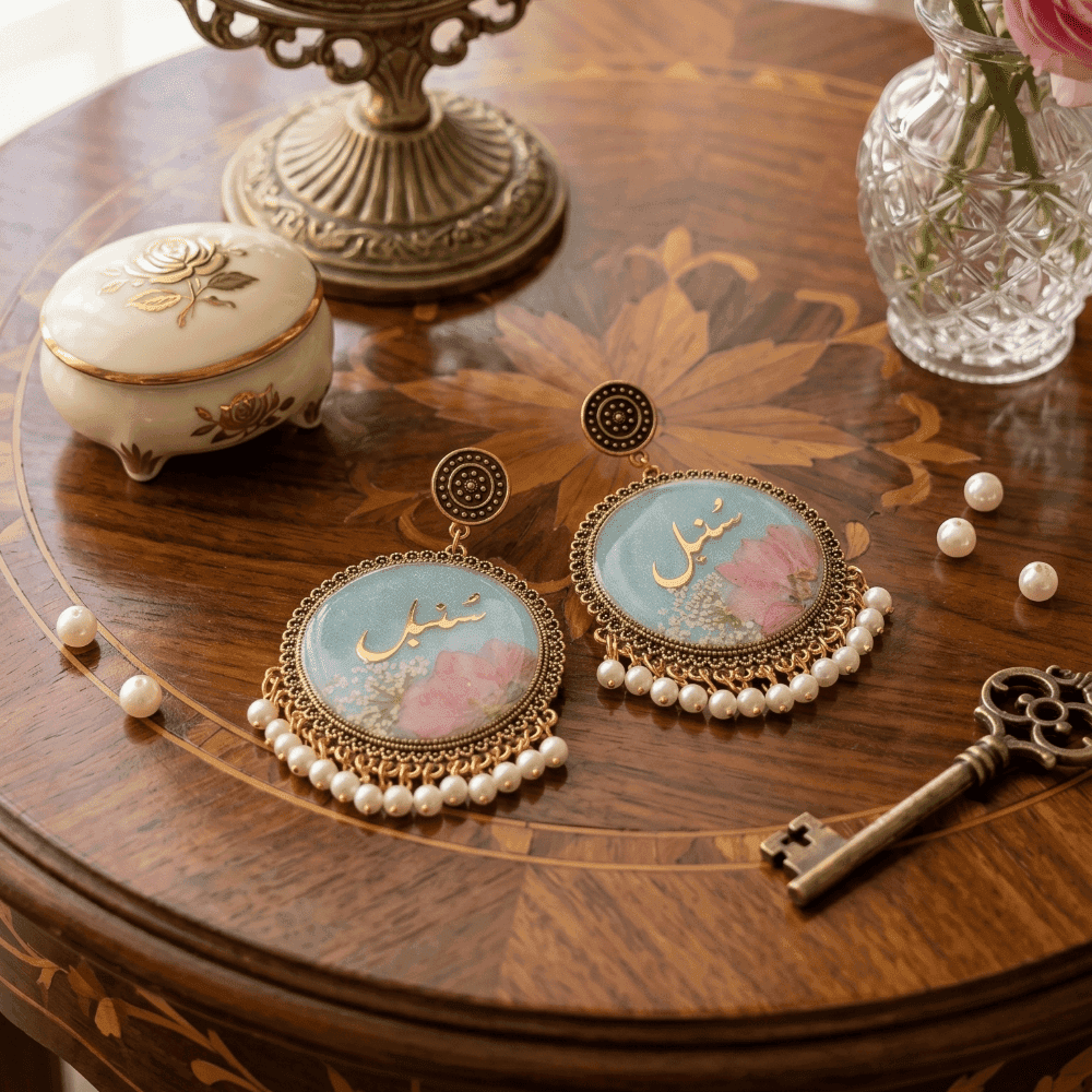Handmade Personalized Name Resin Earrings | Blue Floral Jhumka — view 2