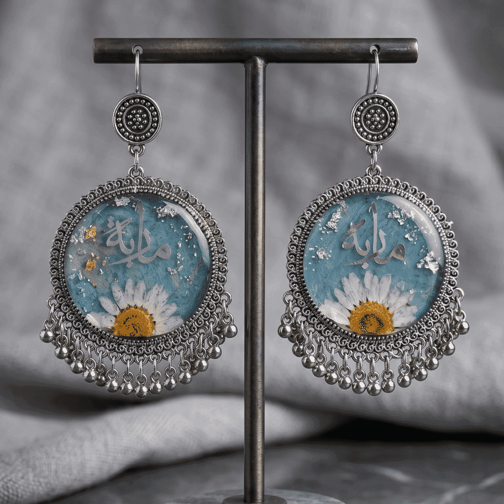 White Daisy & Blue Bead Jhumkas | Customized Resin Earrings — view 2