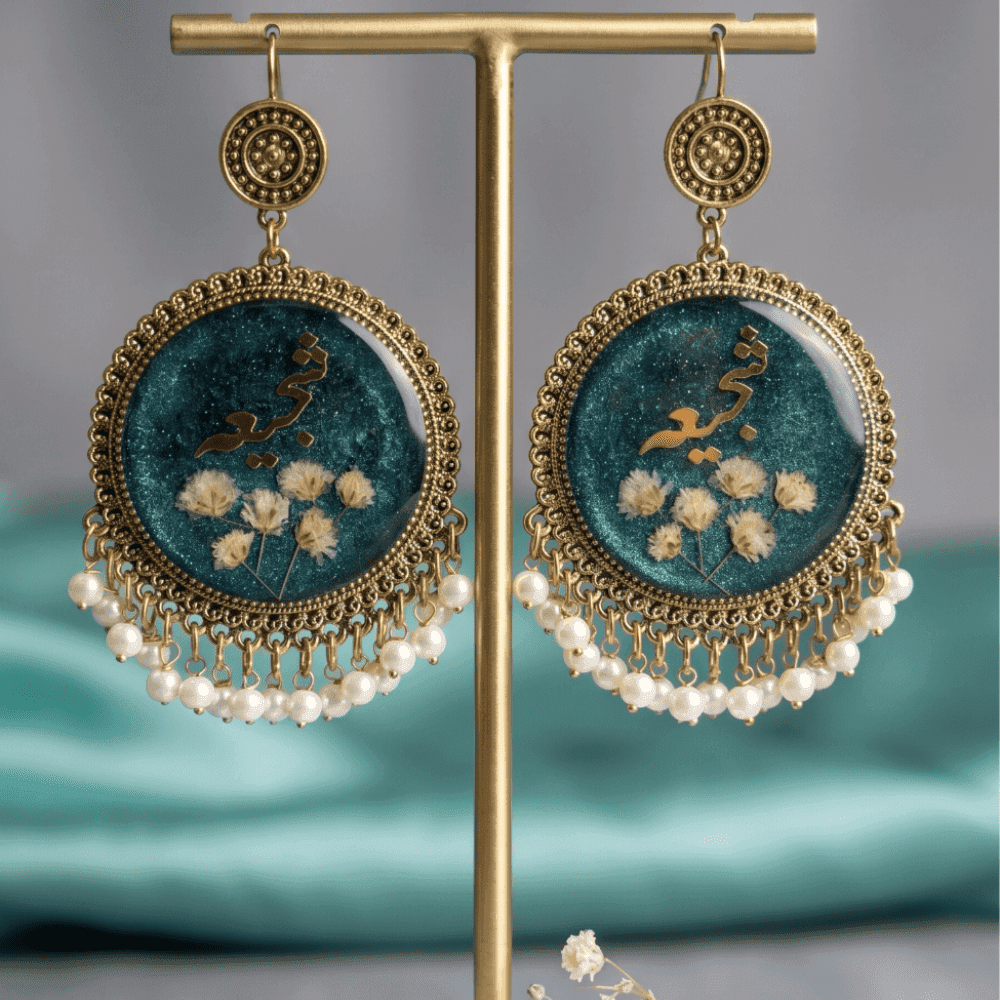 Handmade Gold & Blue Floral Resin Earrings with Pearls — view 3