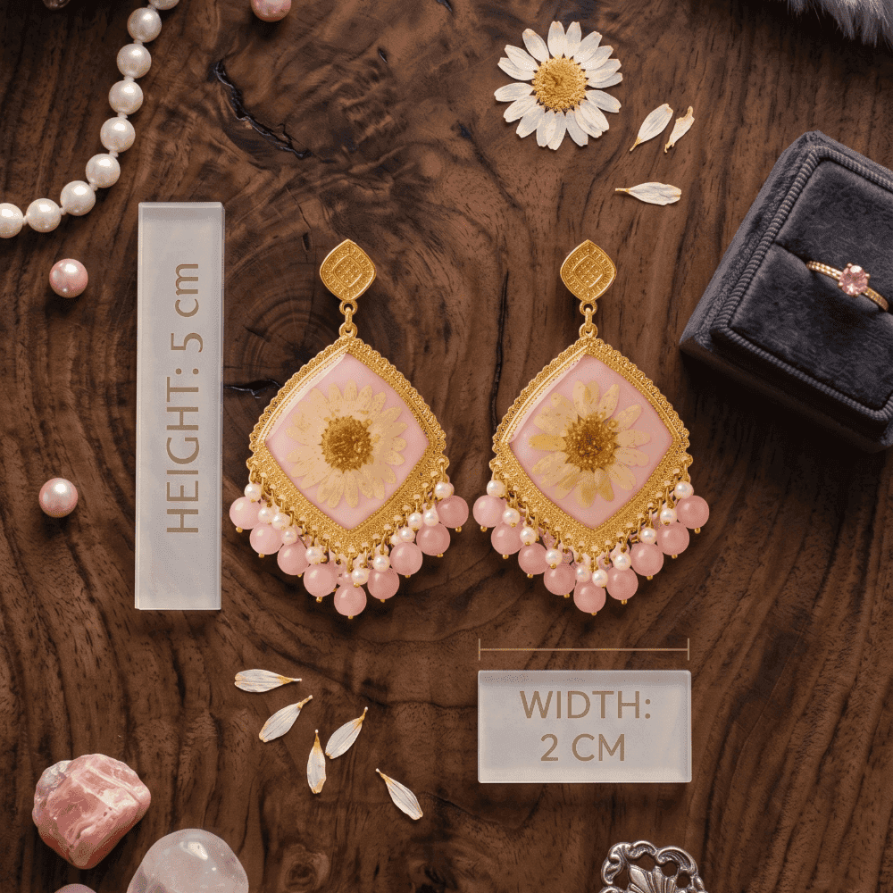Handmade Resin Pressed Flower Jhumka Earrings with Pink Beads — view 2