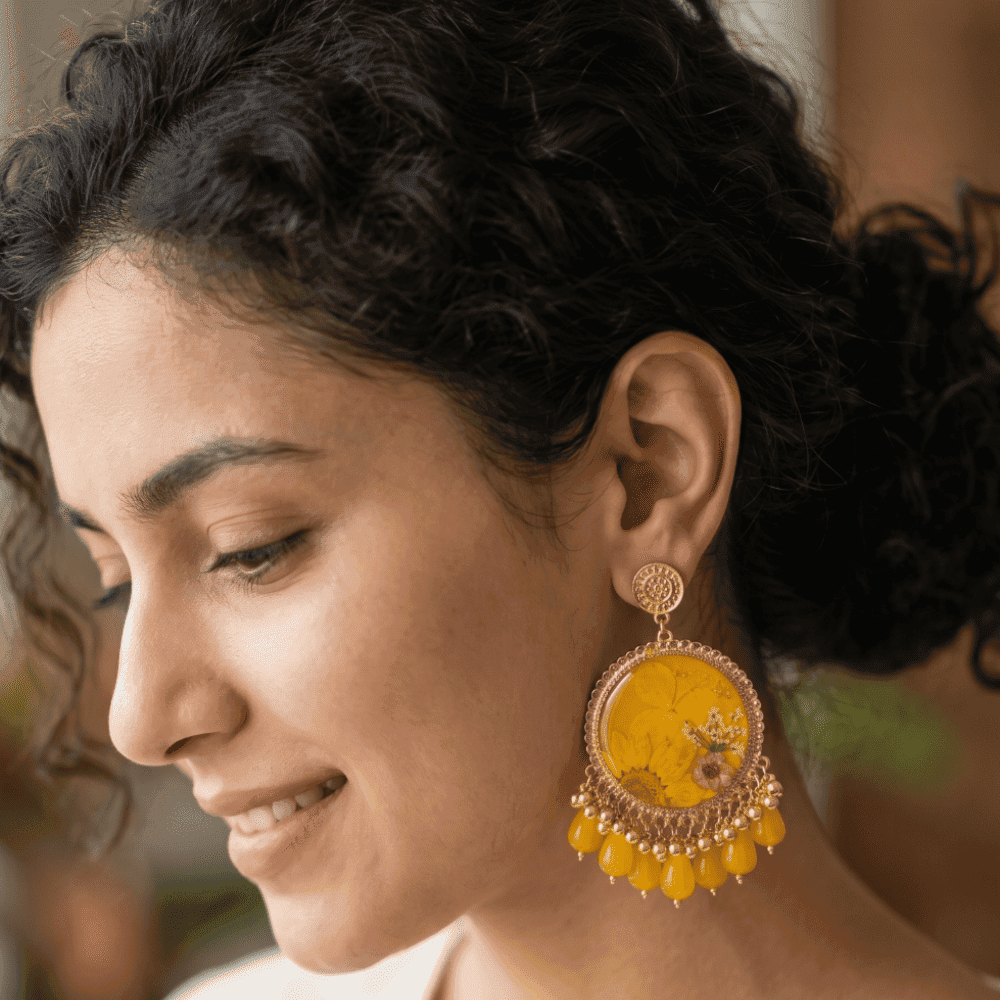Vibrant Sunshine Yellow Pressed Flower Resin Earrings — view 4