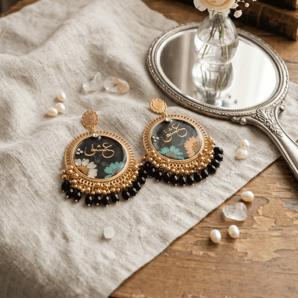 Gold Floral Resin Earrings with Arabic Calligraphy - Handmade — view 3