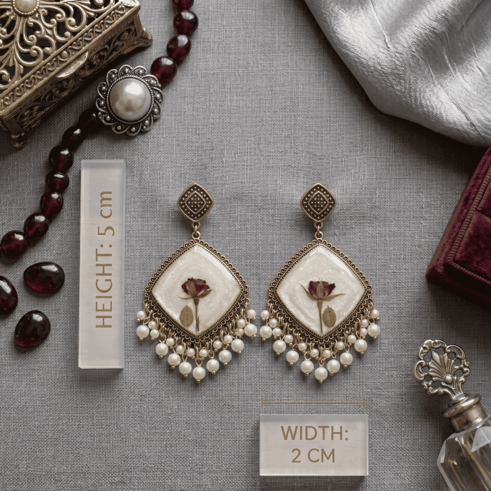 Ivory Resin Dried Rose Earrings with Pearl Drops — view 3