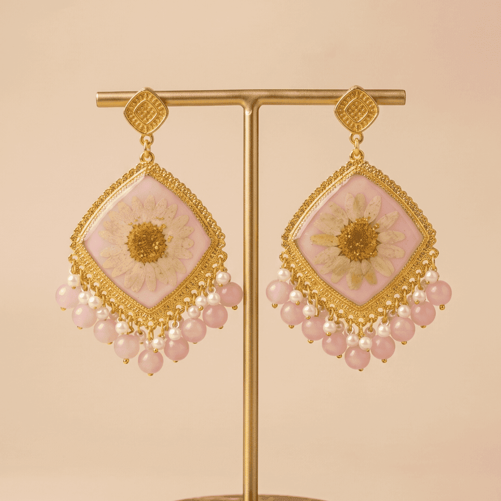 Handmade Resin Pressed Flower Jhumka Earrings with Pink Beads — view 4