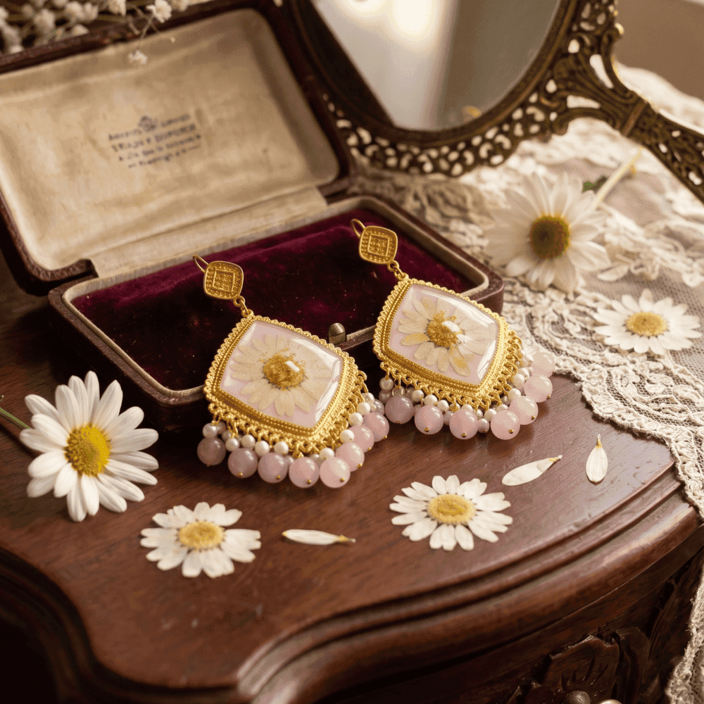 Handmade Resin Pressed Flower Jhumka Earrings with Pink Beads — view 3