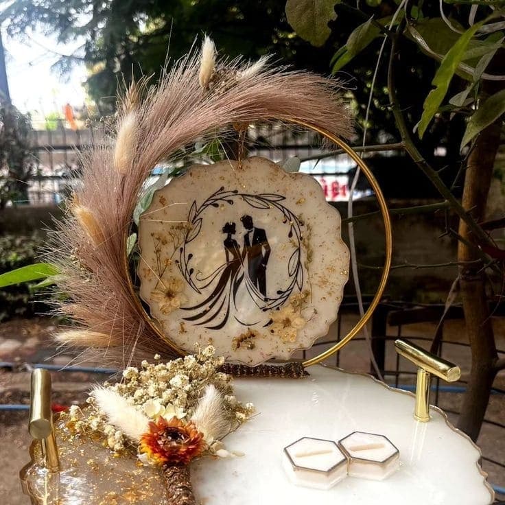 Handcrafted Resin Engagement Ring Platter with Couple Silhouette and Preserved Pampas Grass Decor — view 4