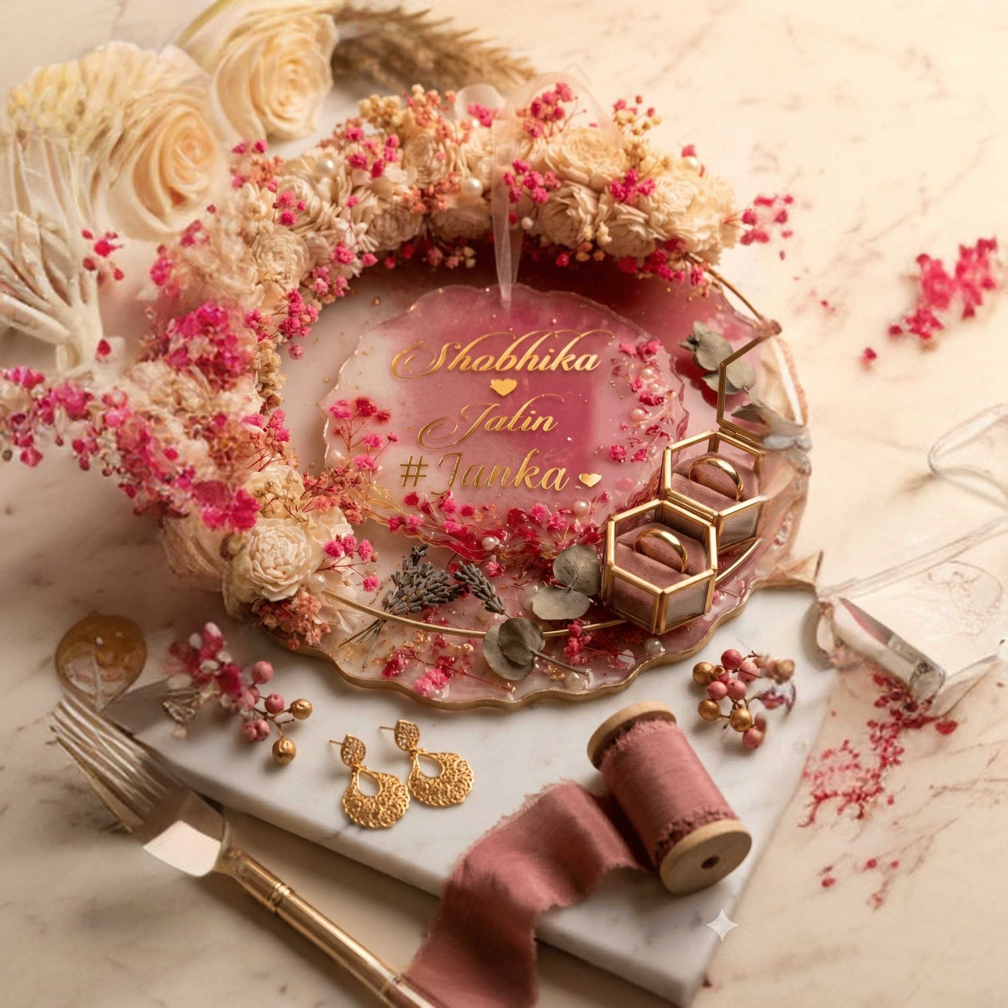 Handcrafted Pink Resin Ring Ceremony Platter with Dried Florals and Gold Leaf Accents - Personalized Engagement Tray — view 2
