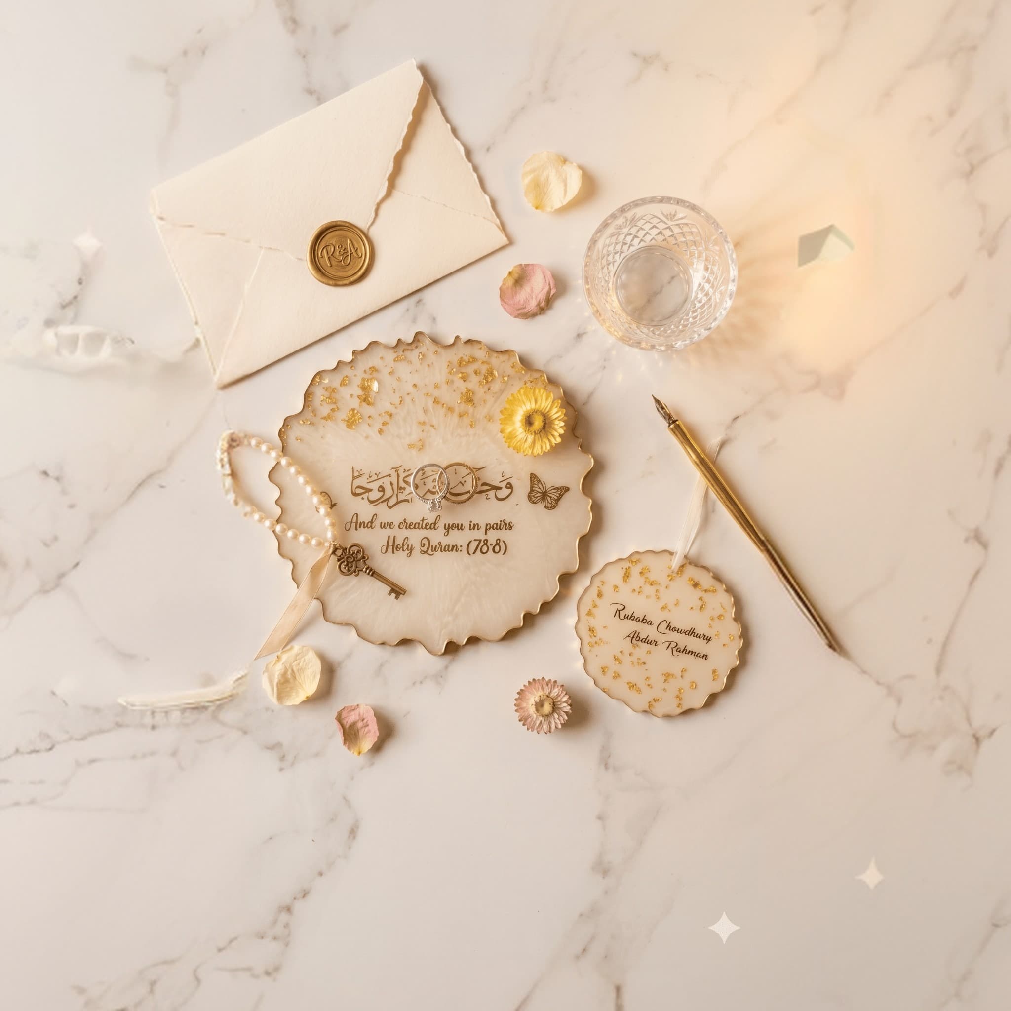 Personalized Handcrafted Resin Ring Platter with Dried Flower Arch and Gold Foil Accents for Engagement & Nikah Ceremony — view 4