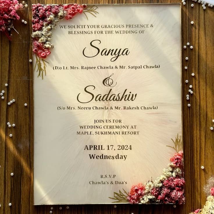 Handcrafted Square Resin Wedding Invitation Card with Real Preserved Dried Flowers and Gold Foil Border — wedding handcrafted resin gift by Giftistan