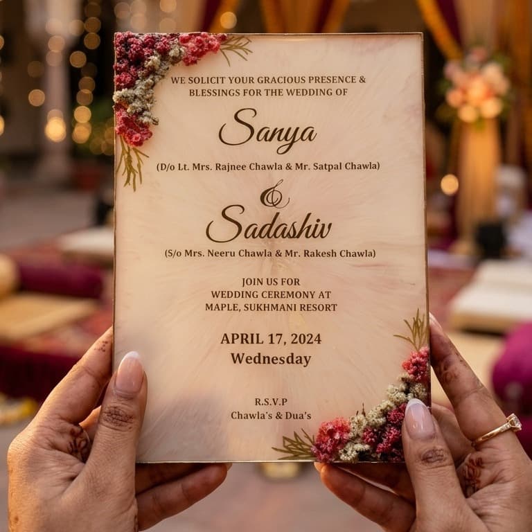 Handcrafted Square Resin Wedding Invitation Card with Real Preserved Dried Flowers and Gold Foil Border — view 2