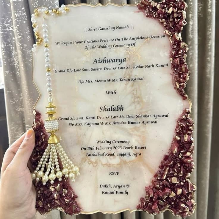 Luxury Handcrafted Resin Wedding Invitation Card with Gold Foil Edges, Pearl Tassel and Red Crystal Borders — view 2