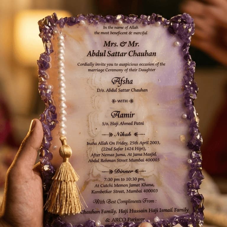 Premium Handcrafted Resin Nikah Invitation Card - Lavender Marble with Amethyst Stones, Gold Foil Accents and Decorative Pearl Tassel — view 3