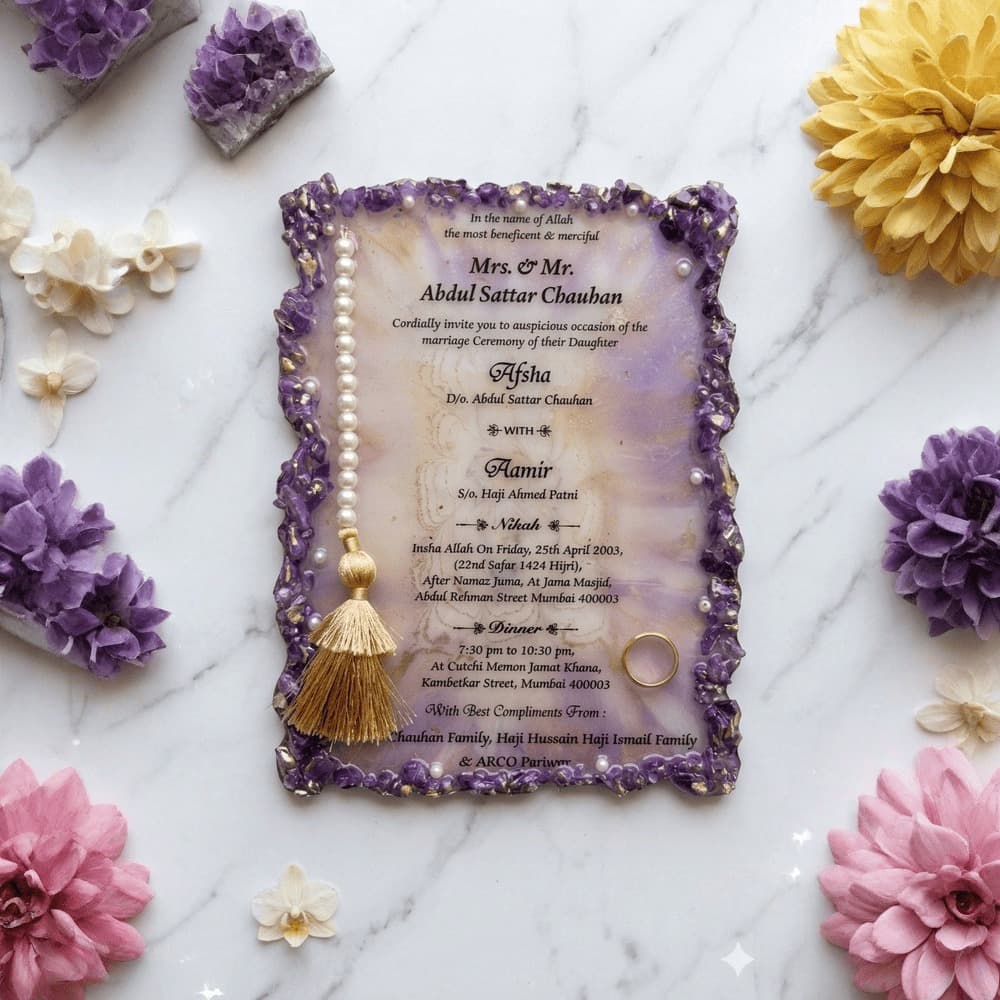 Premium Handcrafted Resin Nikah Invitation Card - Lavender Marble with Amethyst Stones, Gold Foil Accents and Decorative Pearl Tassel — muslim-wedding handcrafted resin gift by Giftistan