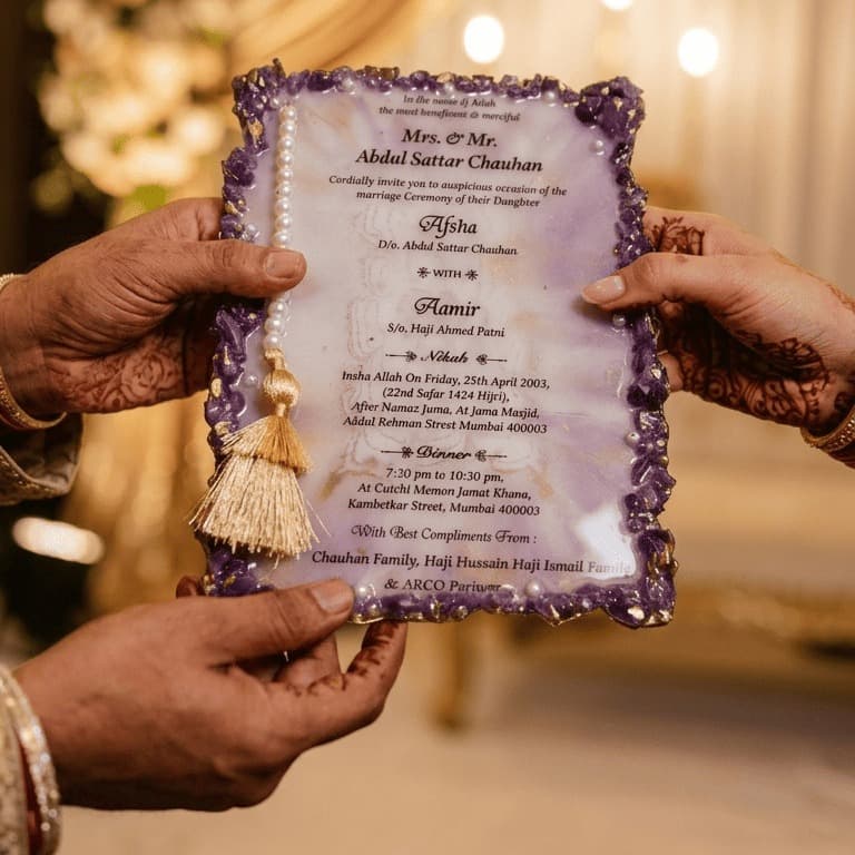Premium Handcrafted Resin Nikah Invitation Card - Lavender Marble with Amethyst Stones, Gold Foil Accents and Decorative Pearl Tassel — view 4