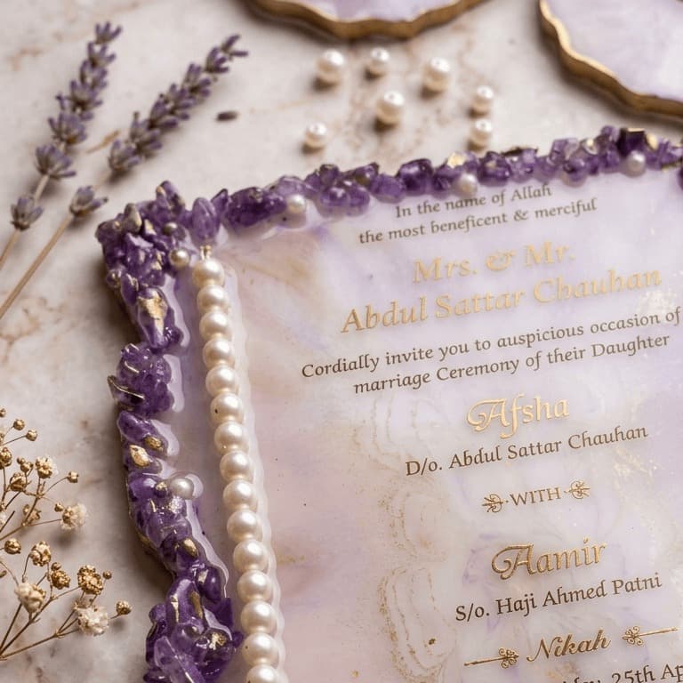 Premium Handcrafted Resin Nikah Invitation Card - Lavender Marble with Amethyst Stones, Gold Foil Accents and Decorative Pearl Tassel — view 2