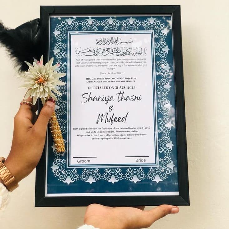 Handcrafted Ornate Blue and Gold Nikah Nama Set with Decorative Peacock Feather Pen - Personalized Islamic Marriage Contract — view 4