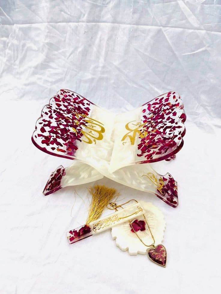 Handcrafted Pearlescent Resin Rehal Gift Set with Rose Petals & Gold Calligraphy