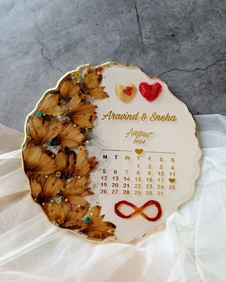 Personalized Calendar Resin Varmala Preservation Art - Cream & Brown