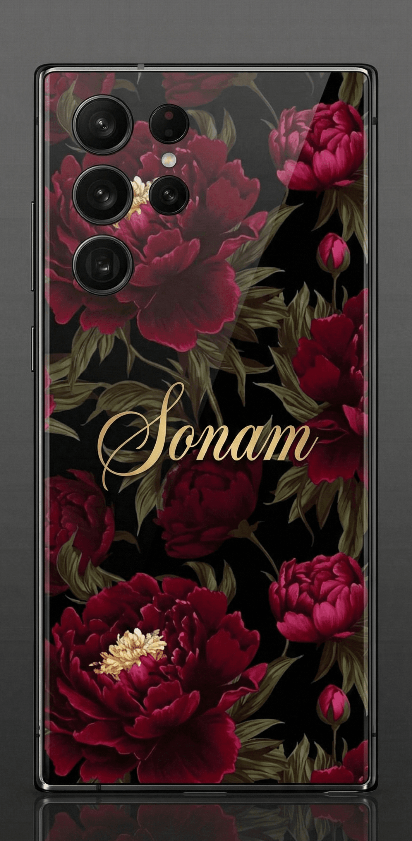 Midnight Red Floral Custom Name Resin Mobile Cover - High Gloss Finish