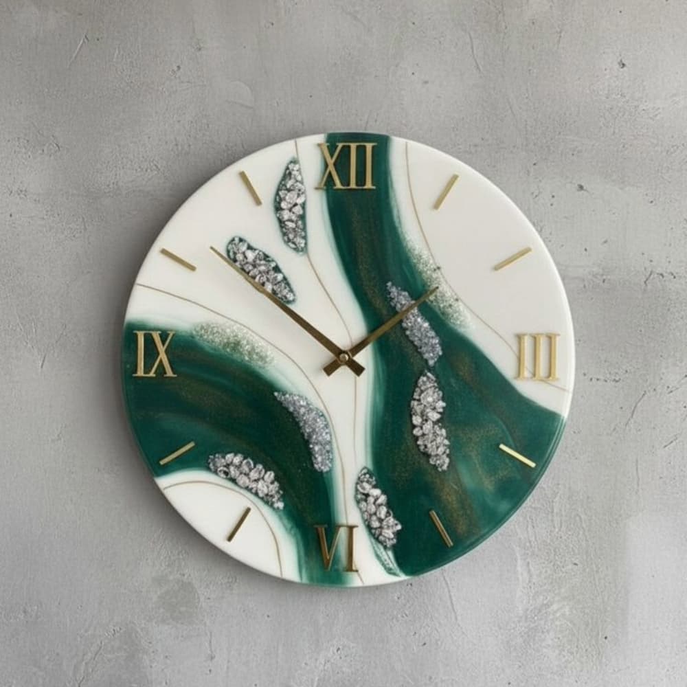 Emerald Green & White Epoxy Resin Wall Clock with Crystal Geode Inclusions | Luxury Handcrafted Home Decor | 12 Inch