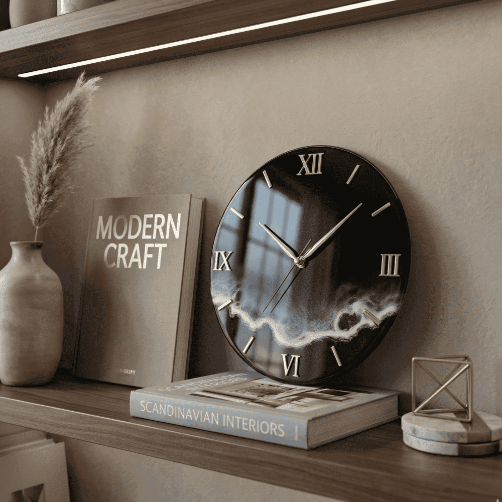 Giftistan Resin Wall Clock | Black & Gold Roman Numeral | Luxury Home Decor | Marble Effect Art Clock | Unique Housewarming Gift