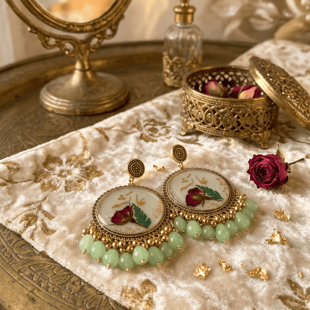 Personalized Urdu Name Resin Earrings with Dried Rose & Mint Green Beads — jewellery by Giftistan