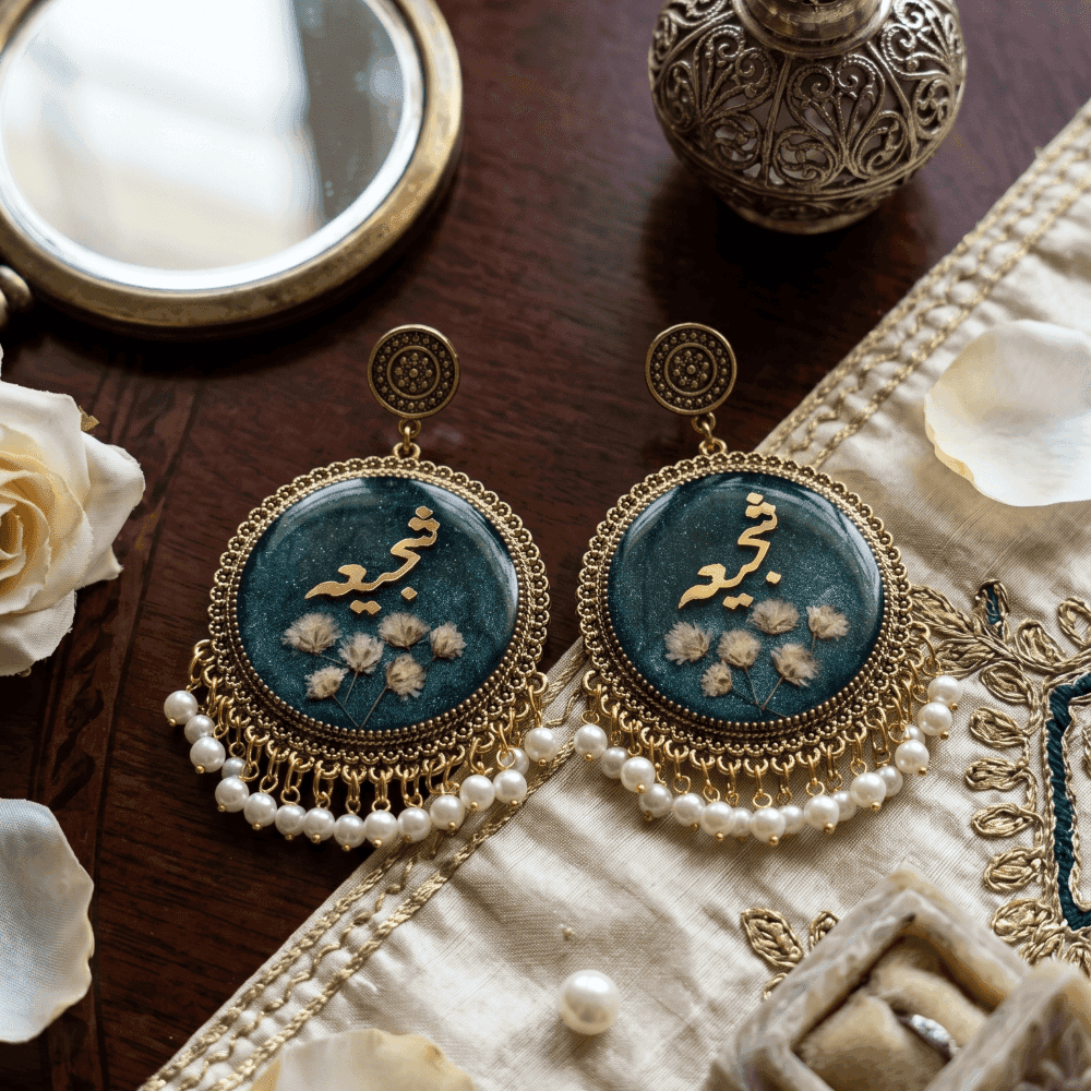 Handmade Gold & Blue Floral Resin Earrings with Pearls — jewellery by Giftistan