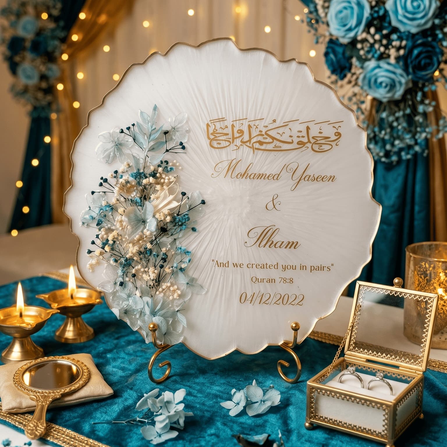 Personalised Resin Engagement Platter with Preserved Blue Flowers and Gold Calligraphy — wedding by Giftistan