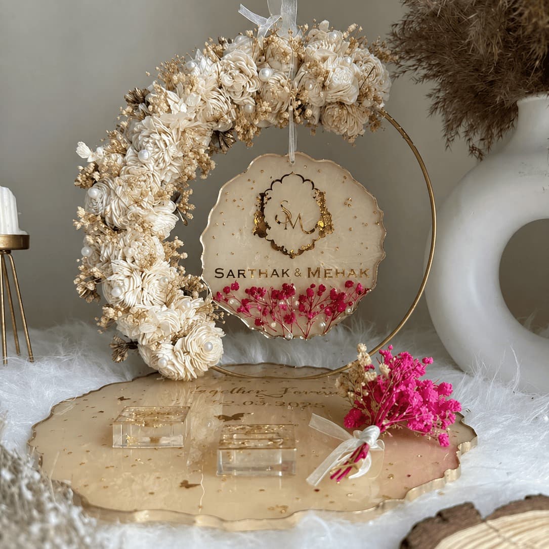 Handcrafted Resin Ring Ceremony Platter with Pink Dried Flowers and Luxurious Gold Leaf Accents — wedding by Giftistan