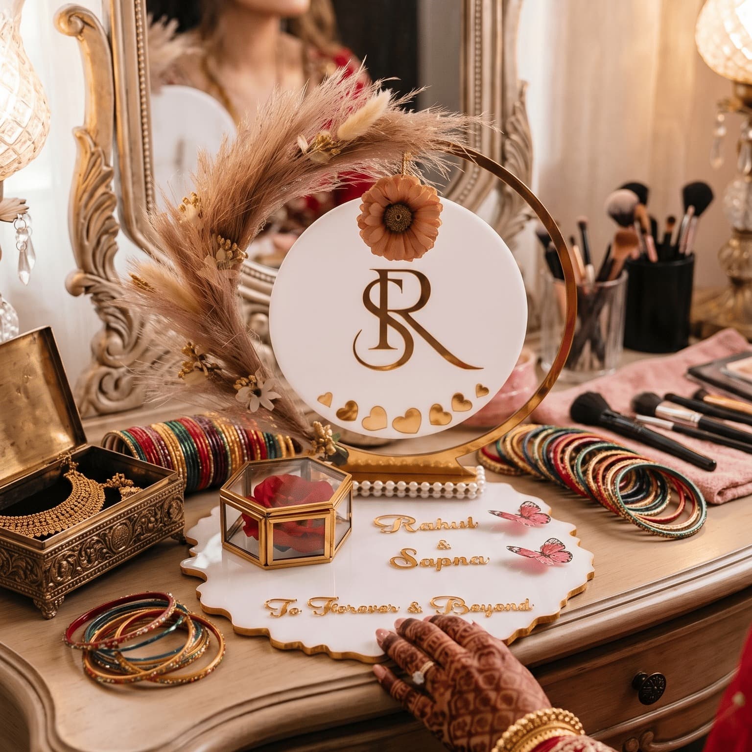 Handcrafted Resin Ring Ceremony Platter with Personalized Initials, Pampas Grass, and Golden Acrylic Names — wedding by Giftistan