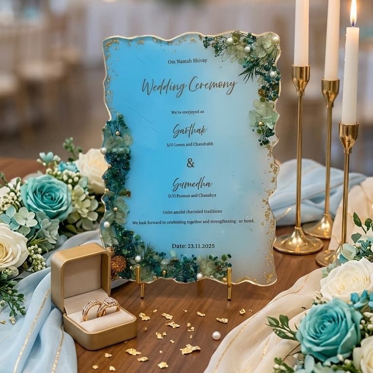 Personalized Blue Ombre Resin Wedding Invitation Plaque with Dried Flowers and Gold Leaf - Custom Geode Edge Marriage Keepsake — wedding by Giftistan