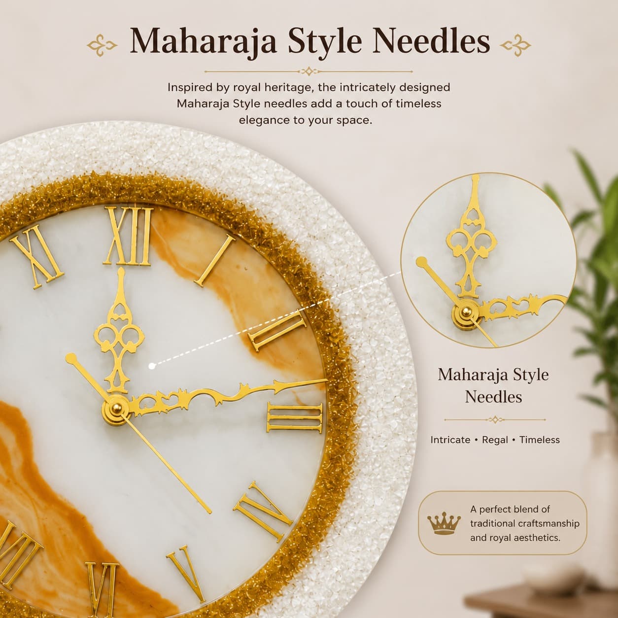 Maharaja Style Gold Resin 12 inch Wall Clock with Marble Finish, Silent Sweep Movement & Acrylic Roman Numbers — home by Giftistan