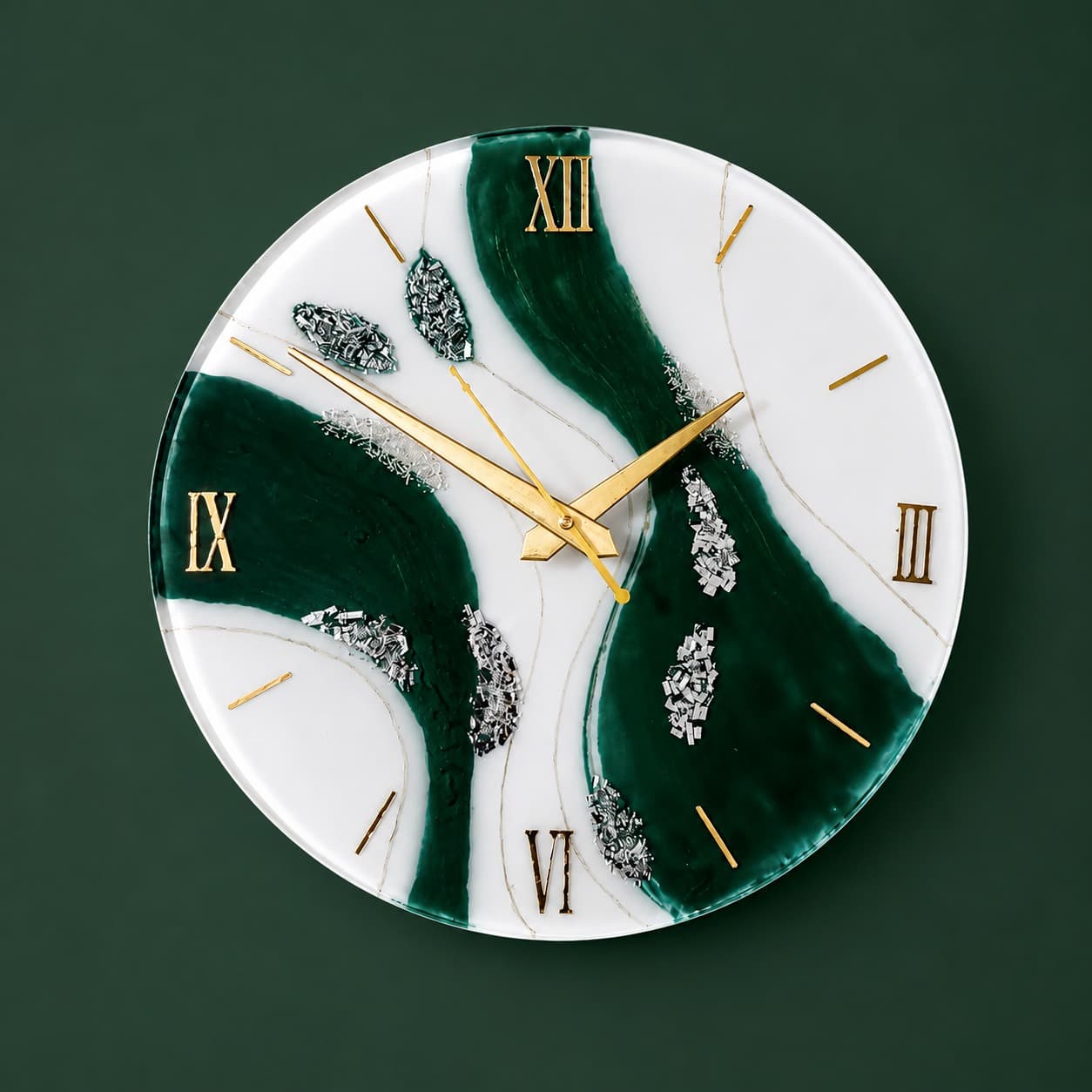 Emerald Green & White Epoxy Resin Wall Clock with Crystal Geode Inclusions | Luxury Handcrafted Home Decor | 12 Inch — home by Giftistan