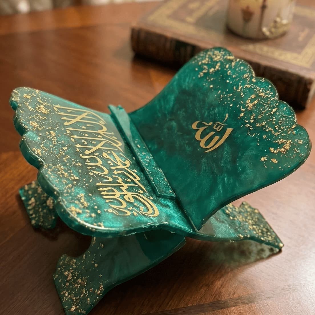 Handcrafted Premium Resin Quran Stand Rehal Emerald Green with Gold Calligraphy — religious by Giftistan